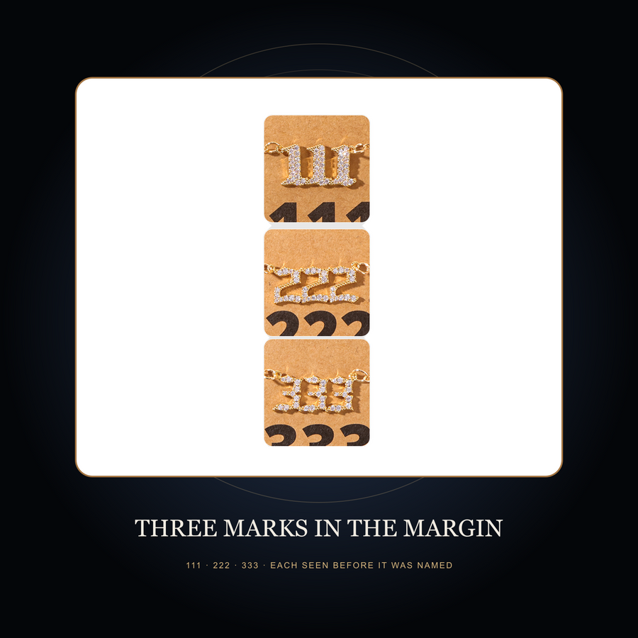 The 111, 222 and 333 source designs in the fictional Three Marks in the Margin scene