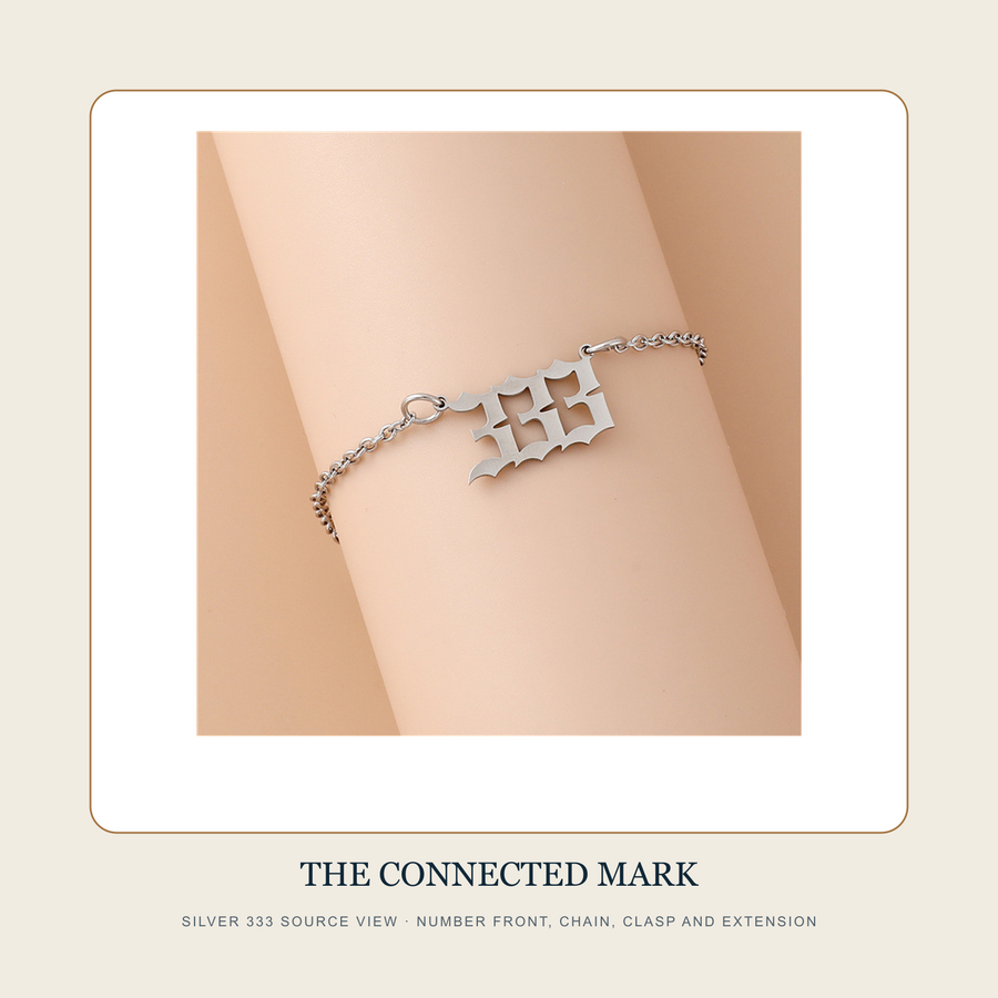 Individual Silver 333 source view of The Drawn Number bracelet front chain clasp and extension