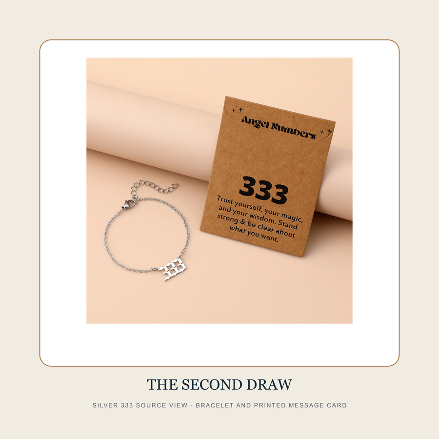 Silver 333 source view of The Drawn Number chain bracelet beside its photographed printed card