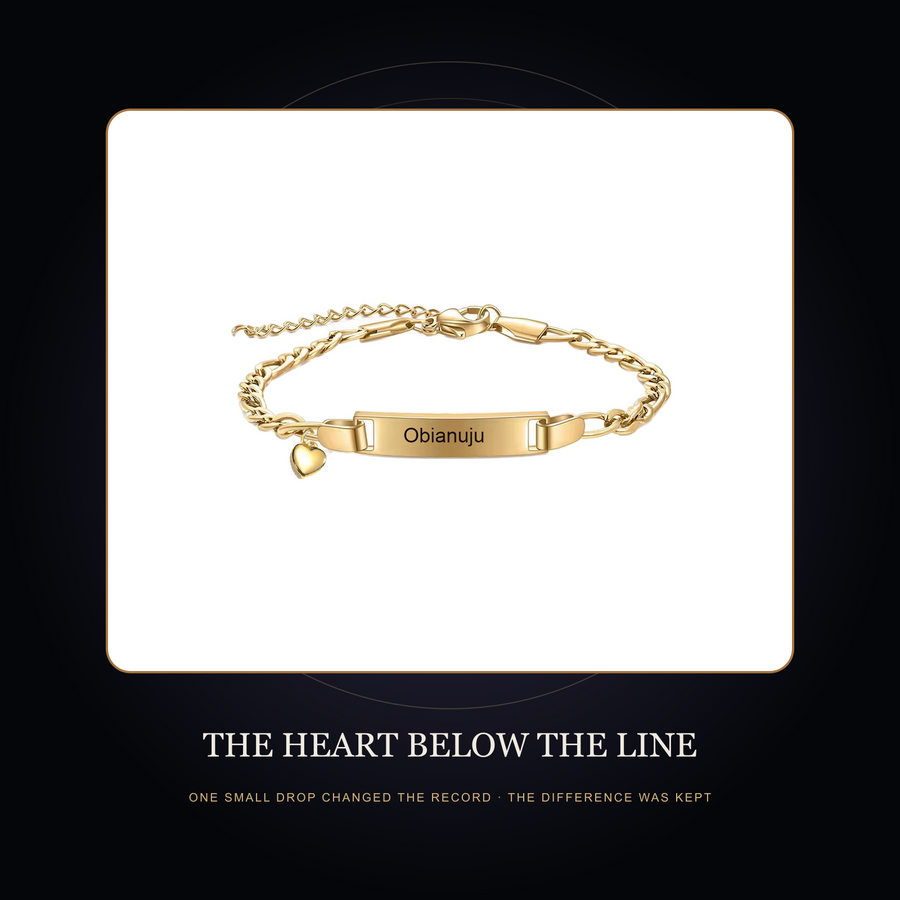 The heart-charm engraved bracelet sample in the fictional Heart Below the Line story scene