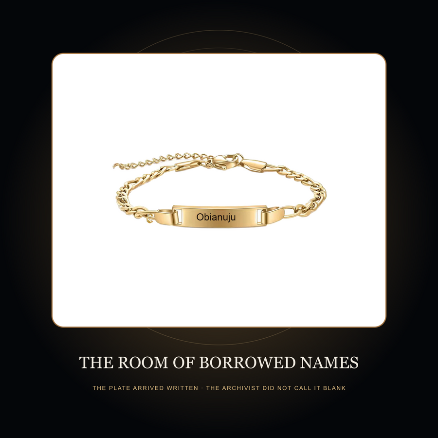 The engraved bracelet sample in the fictional Room of Borrowed Names story scene