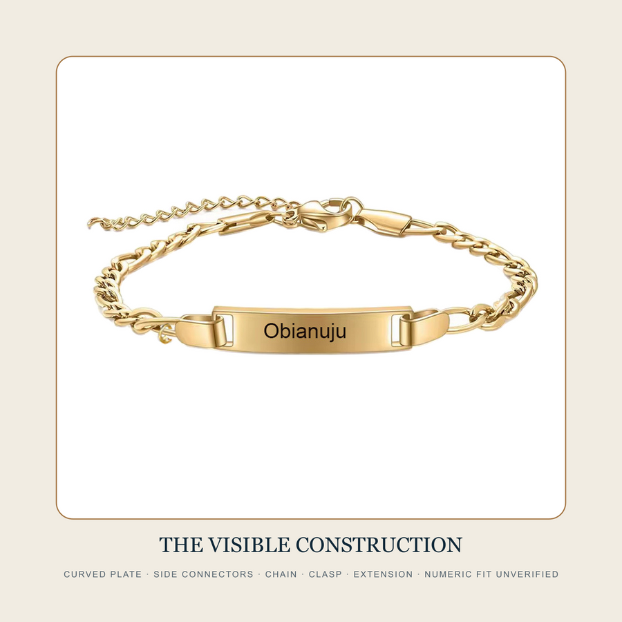 Close construction view of the engraved curved plate, linked chain, clasp and extension