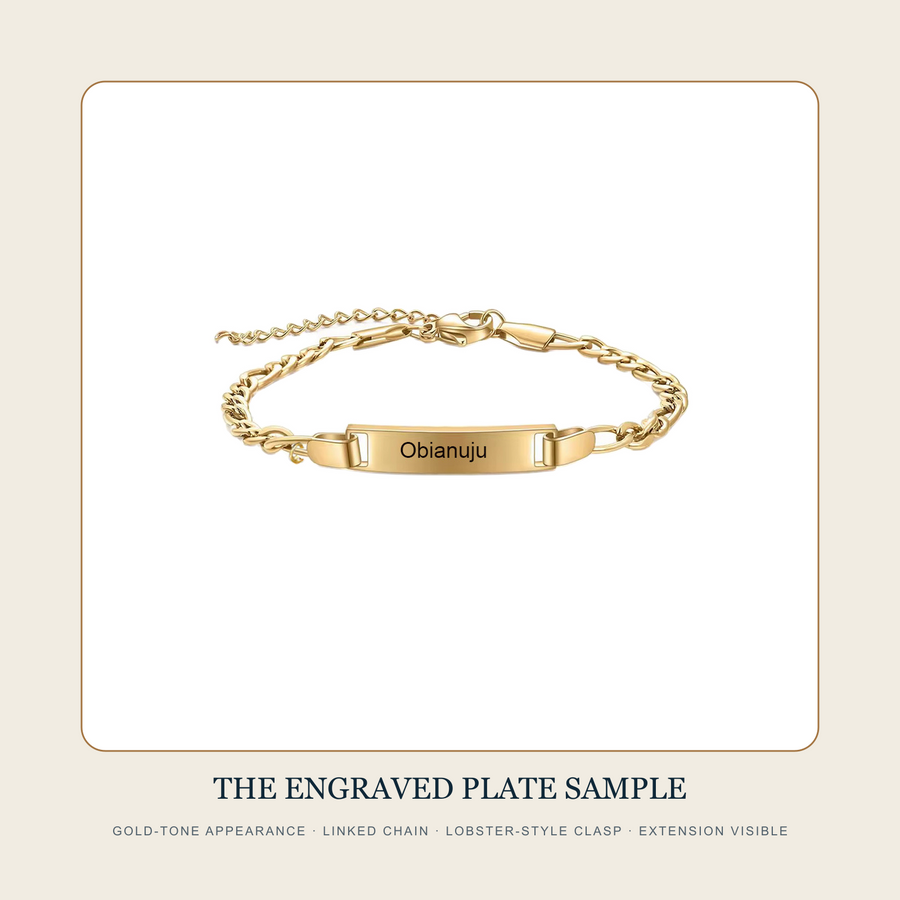 The Two Inscribed Plates engraved gold-tone ID bracelet source sample without an added charm