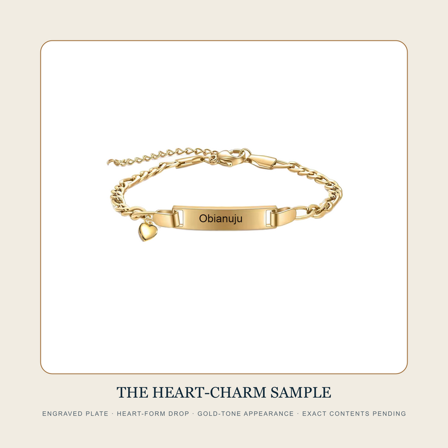 The Two Inscribed Plates engraved gold-tone ID bracelet source sample with a heart-form charm