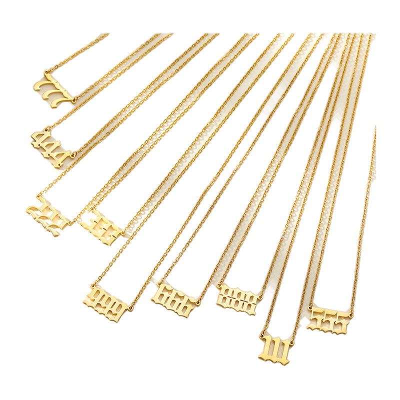 The Returning Number gold-tone necklaces showing all nine options from 111 through 999