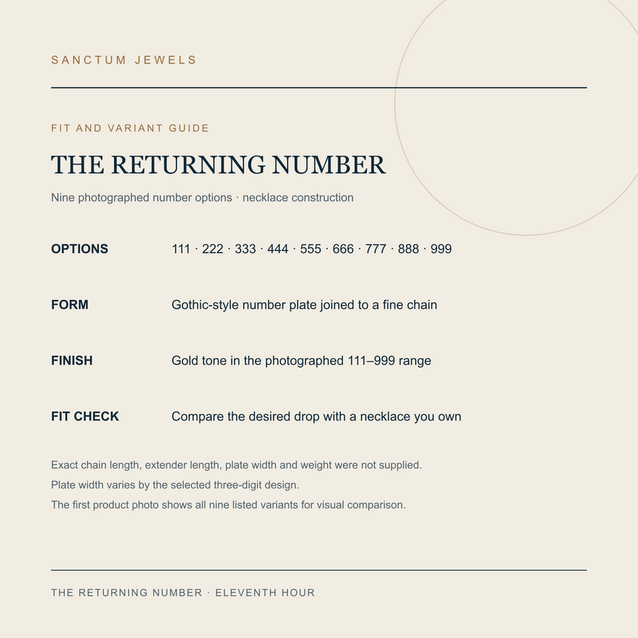 The Returning Number 111 to 999 variant and necklace fit guide in English
