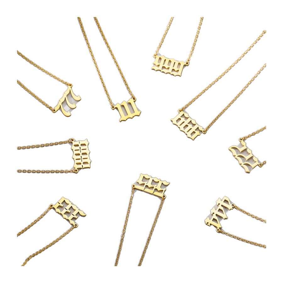 Nine Gothic-style repeating digit necklace variants arranged for visual comparison