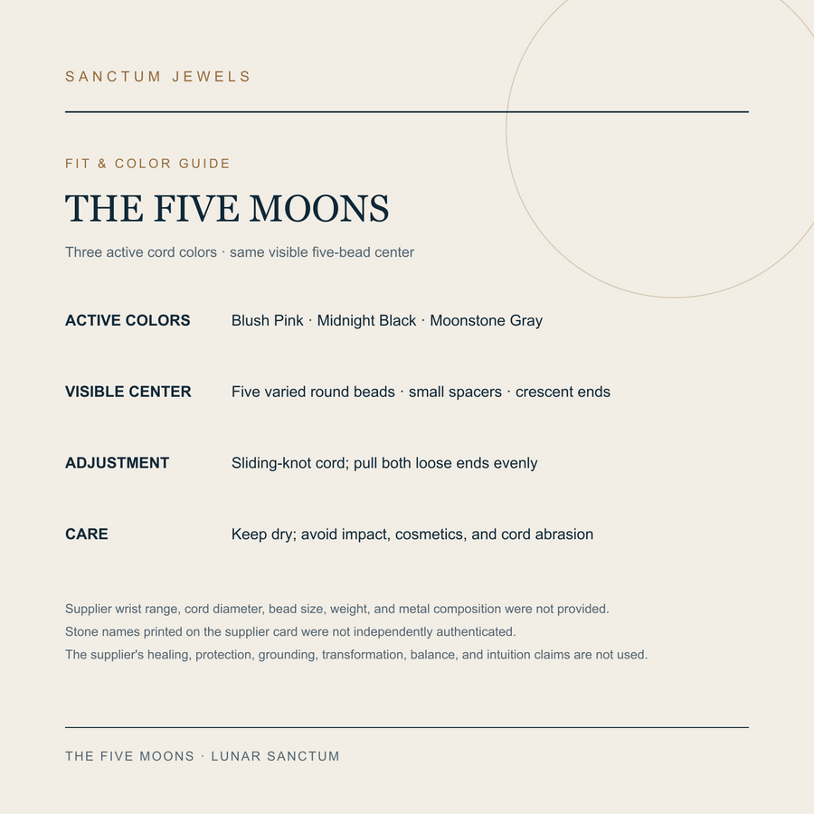 English fit and color guide for The Five Moons adjustable bracelet