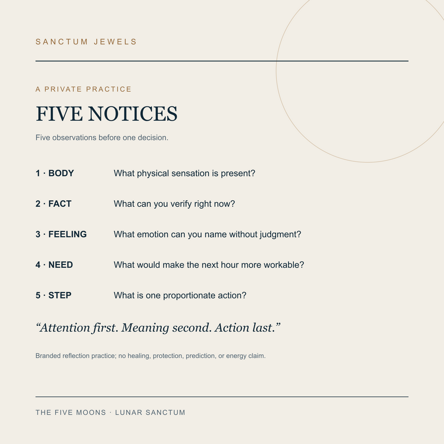 Five Notices symbolic reflection card for The Five Moons