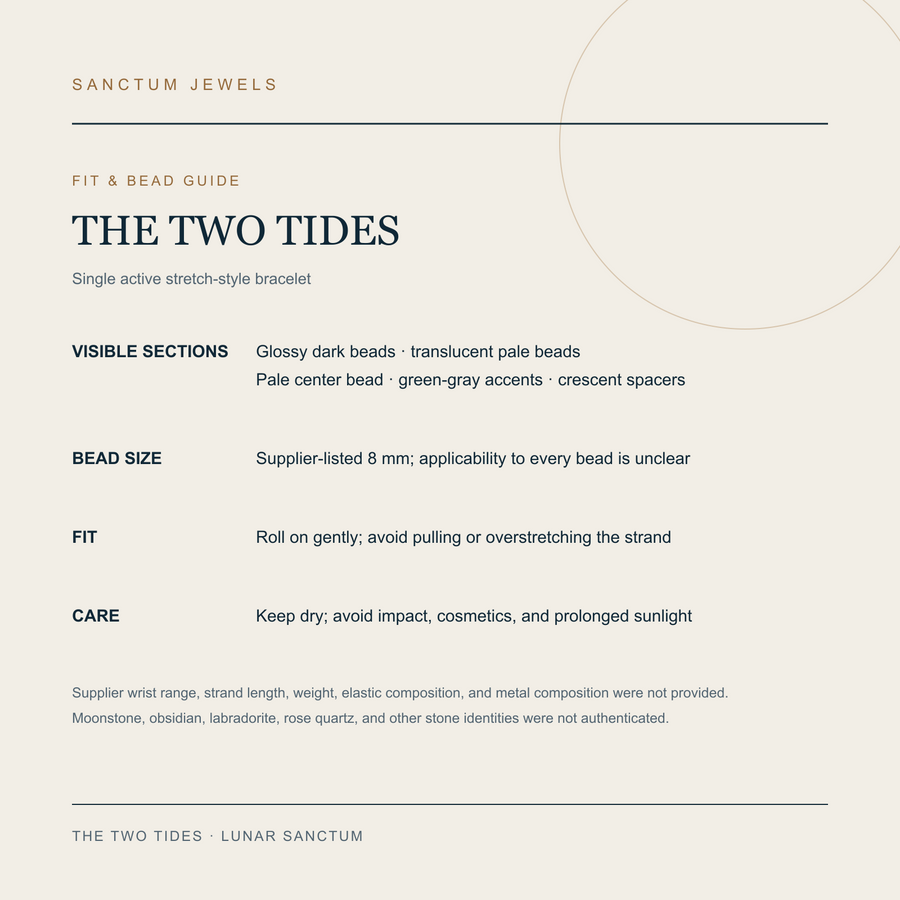 English fit and bead guide for The Two Tides stretch-style bracelet