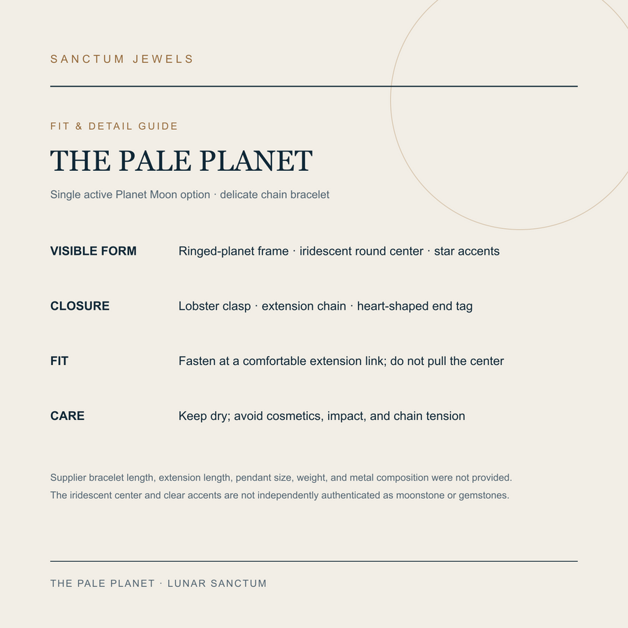 English fit and detail guide for The Pale Planet chain bracelet
