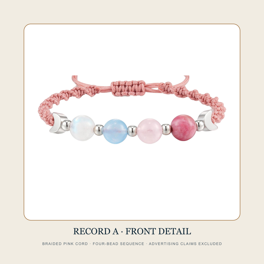 Close front detail of Source Record A four-bead pink braided bracelet