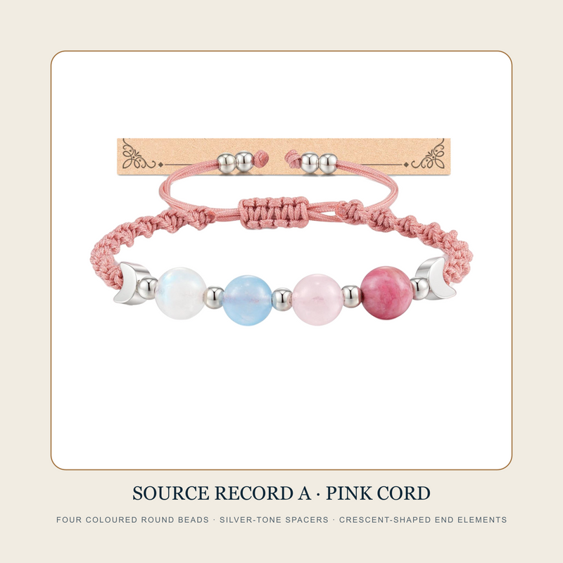 Source Record A pink braided bracelet with four coloured round beads and crescent-shaped end elements