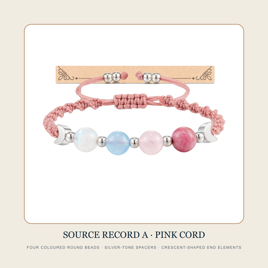 Source Record A pink braided bracelet with four coloured round beads and crescent-shaped end elements
