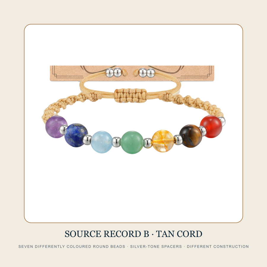 Source Record B tan braided bracelet with seven differently coloured round beads