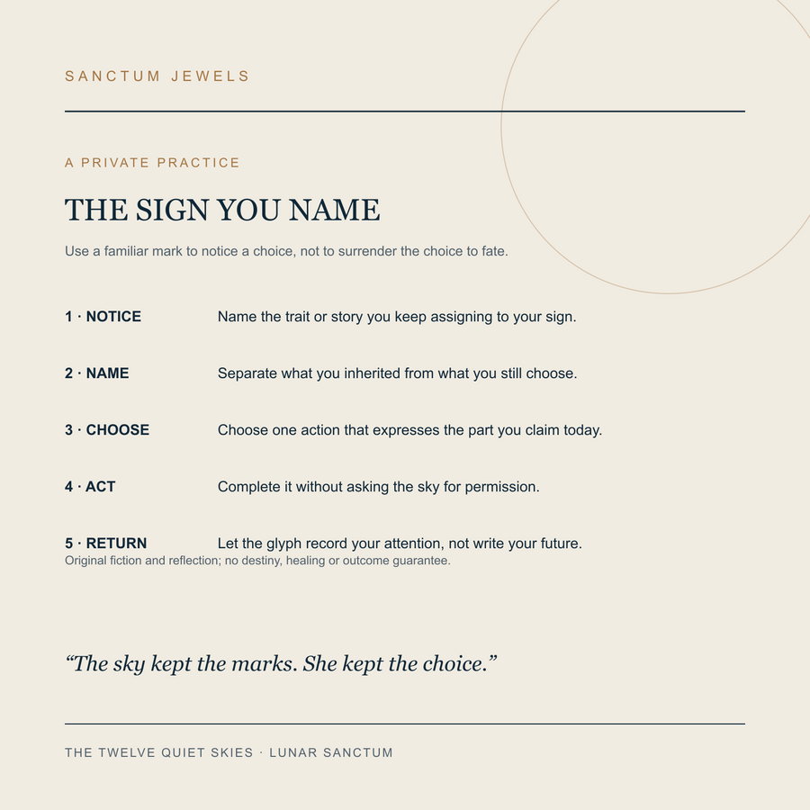 The Twelve Quiet Skies symbolic Sign You Name private practice card in English
