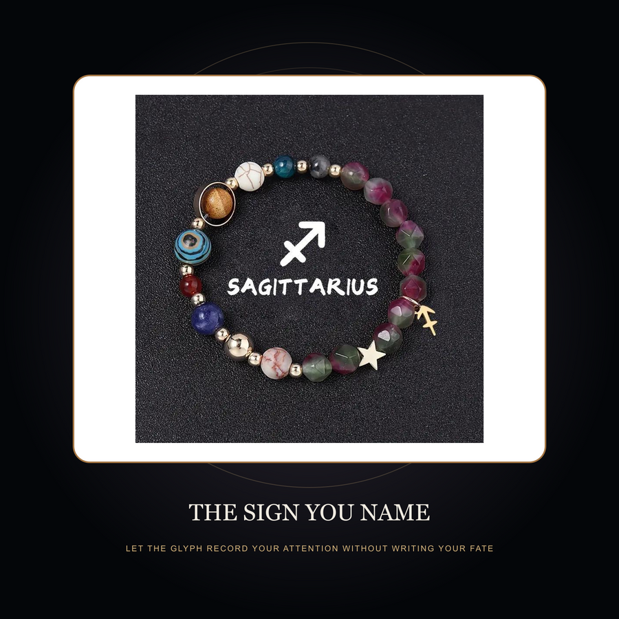 The Twelve Quiet Skies Sagittarius bracelet in the fictional Sign You Name threshold scene