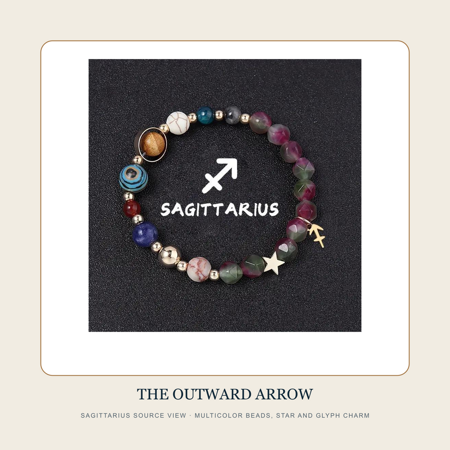 Sagittarius source view of The Twelve Quiet Skies multicolor bead bracelet with star and glyph charm