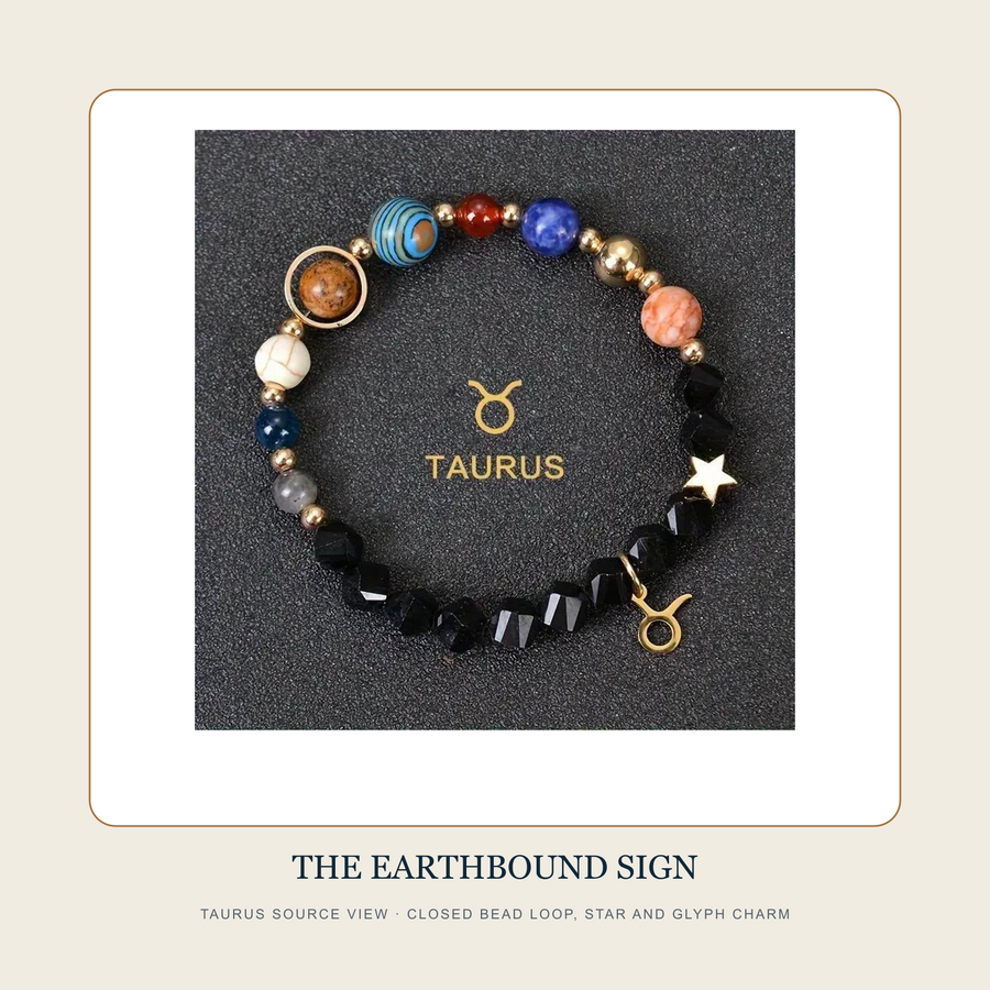 Taurus source view of The Twelve Quiet Skies multicolor bead bracelet with star and glyph charm