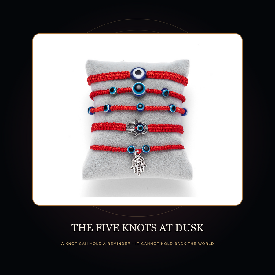 The Five Red Knots bracelet range in the fictional Five Knots at Dusk Night Archive scene