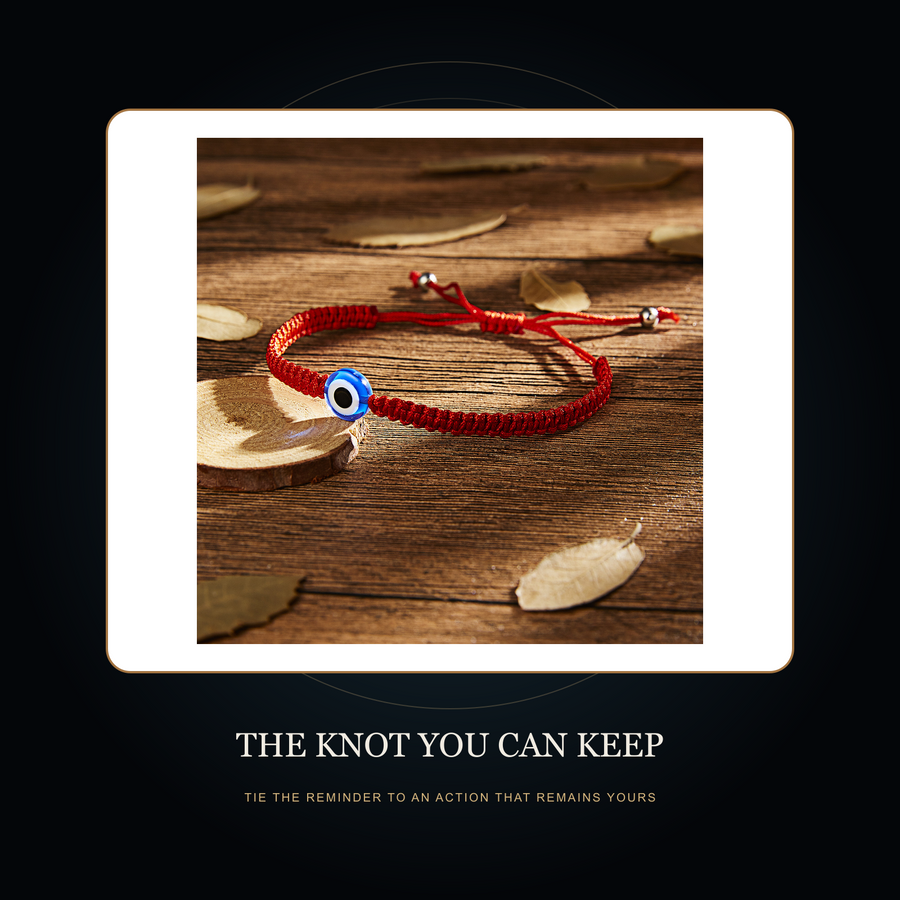 The Five Red Knots Blue Dot bracelet in the fictional Knot You Can Keep threshold scene