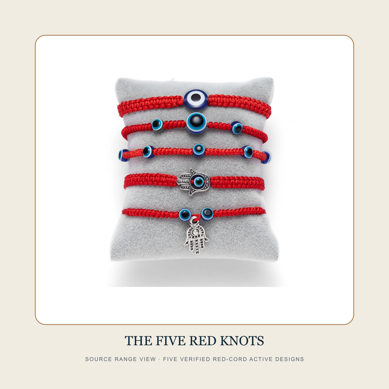 Source range view of The Five Red Knots five verified red-cord eye-pattern bracelet designs