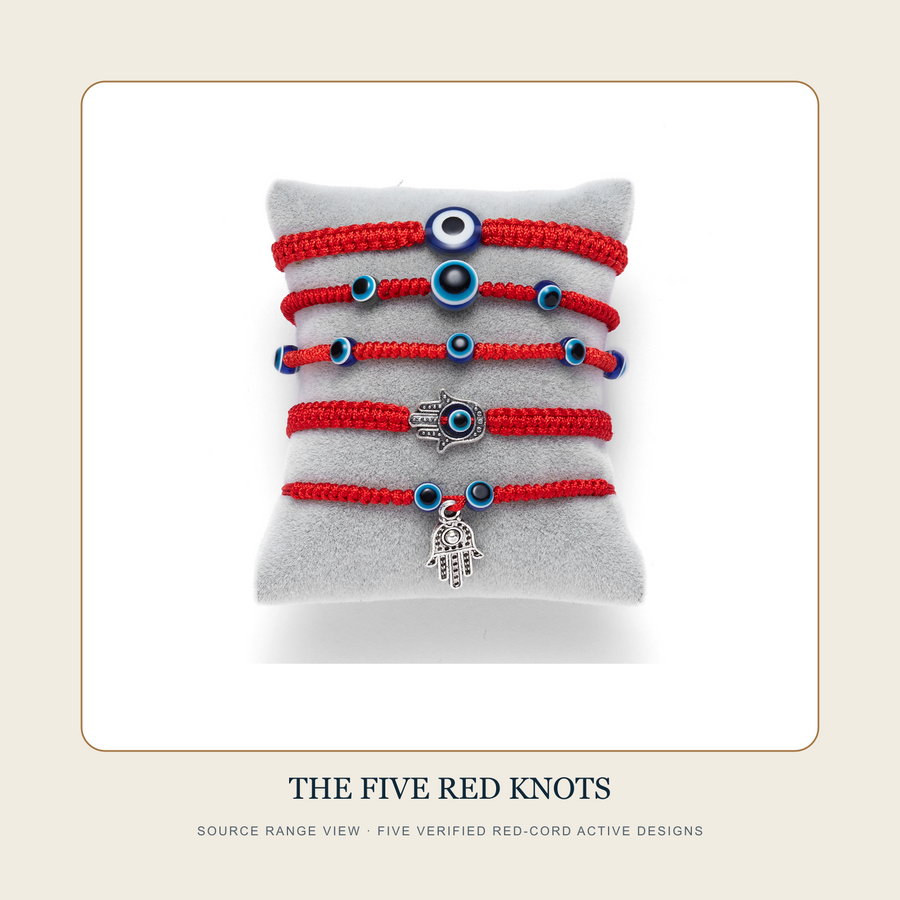 Source range view of The Five Red Knots five verified red-cord eye-pattern bracelet designs