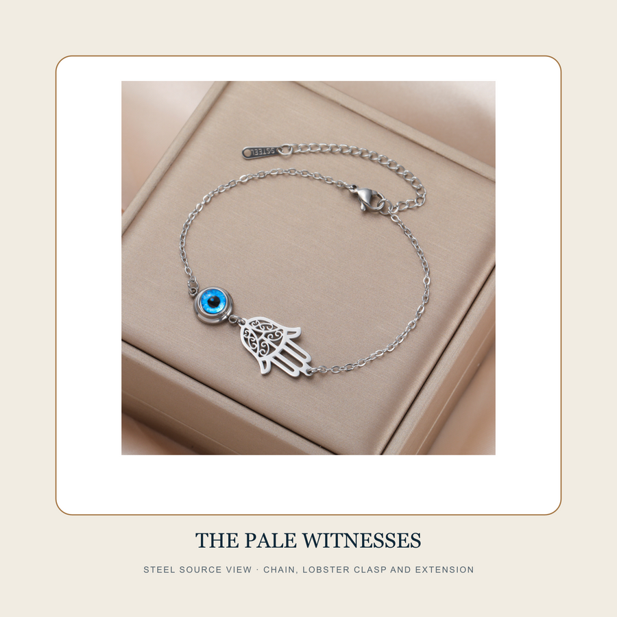 Steel source view of The Two Witnesses hand-and-eye bracelet with chain, lobster clasp and extension