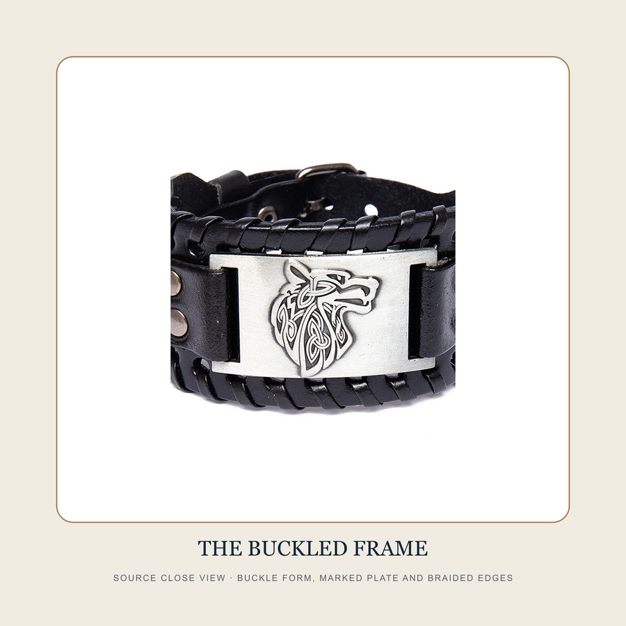 Source detail of The Wolf at the Gate layered straps braided edges and buckle-style form