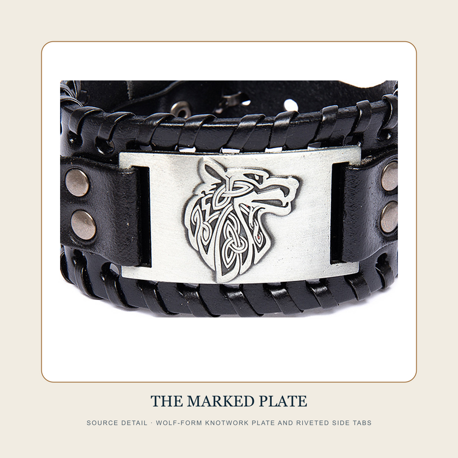 Source detail of The Wolf at the Gate wolf-form knotwork plate and riveted side tabs