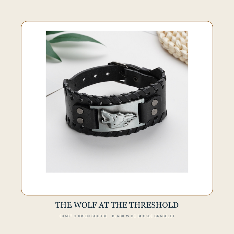 The Wolf at the Threshold exact black wide buckle bracelet from the retained chosen source