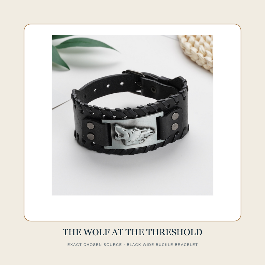 The Wolf at the Threshold exact black wide buckle bracelet from the retained chosen source