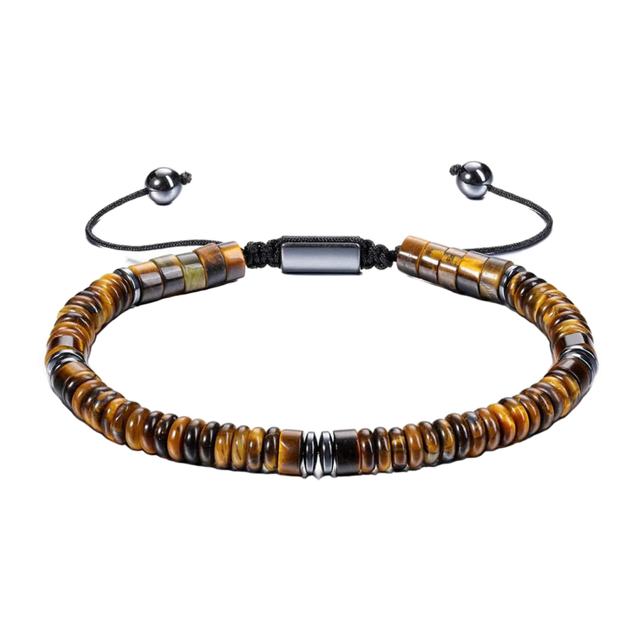 Close view of The Sun Wheel banded brown disc-style bead bracelet