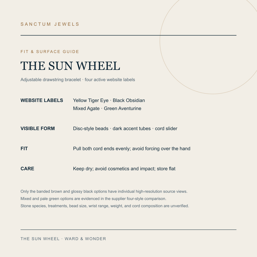 English fit and surface guide for The Sun Wheel drawstring bracelet