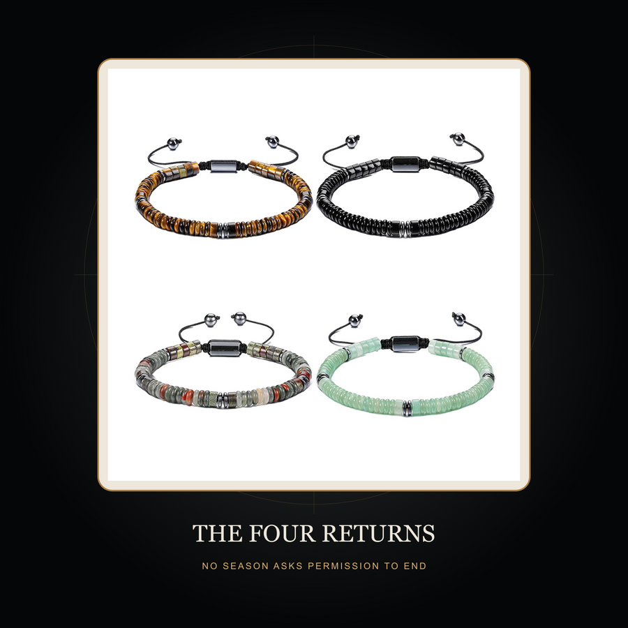 The Four Returns branded story scene showing four Sun Wheel bracelet surfaces