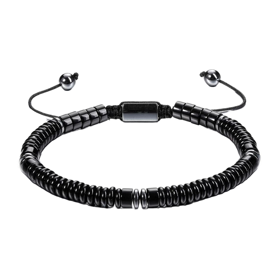 Close view of The Sun Wheel glossy black disc-style bead bracelet
