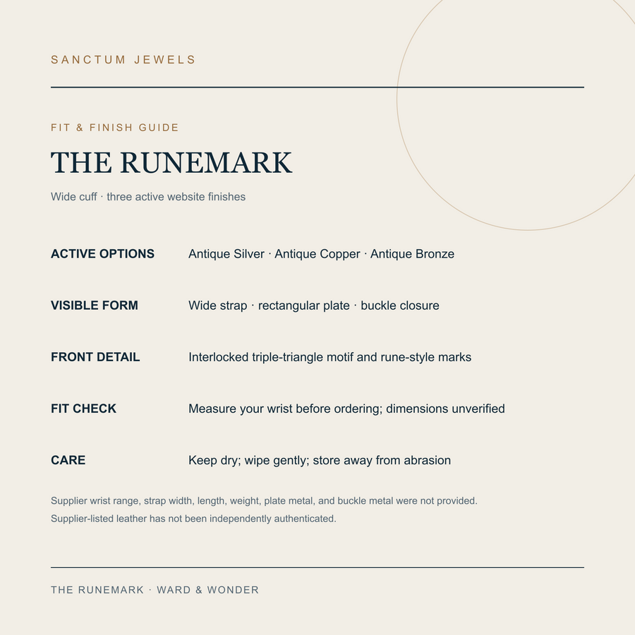 English fit and finish guide for The Runemark wide cuff bracelet