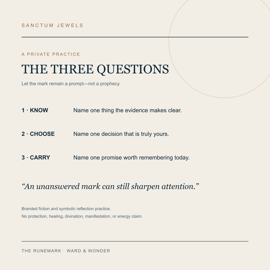 The Three Questions symbolic reflection card for The Runemark