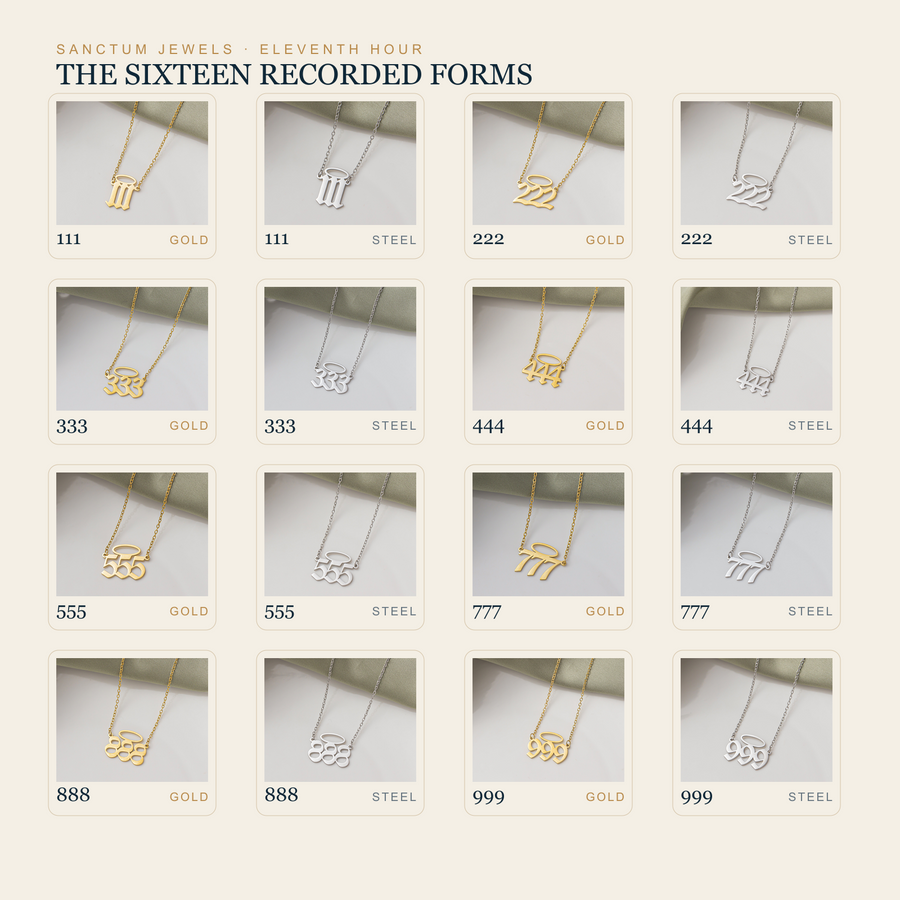 Source-photographed Halo Number options in 111, 222, 333, 444, 555, 777, 888 and 999, each in Gold and Steel