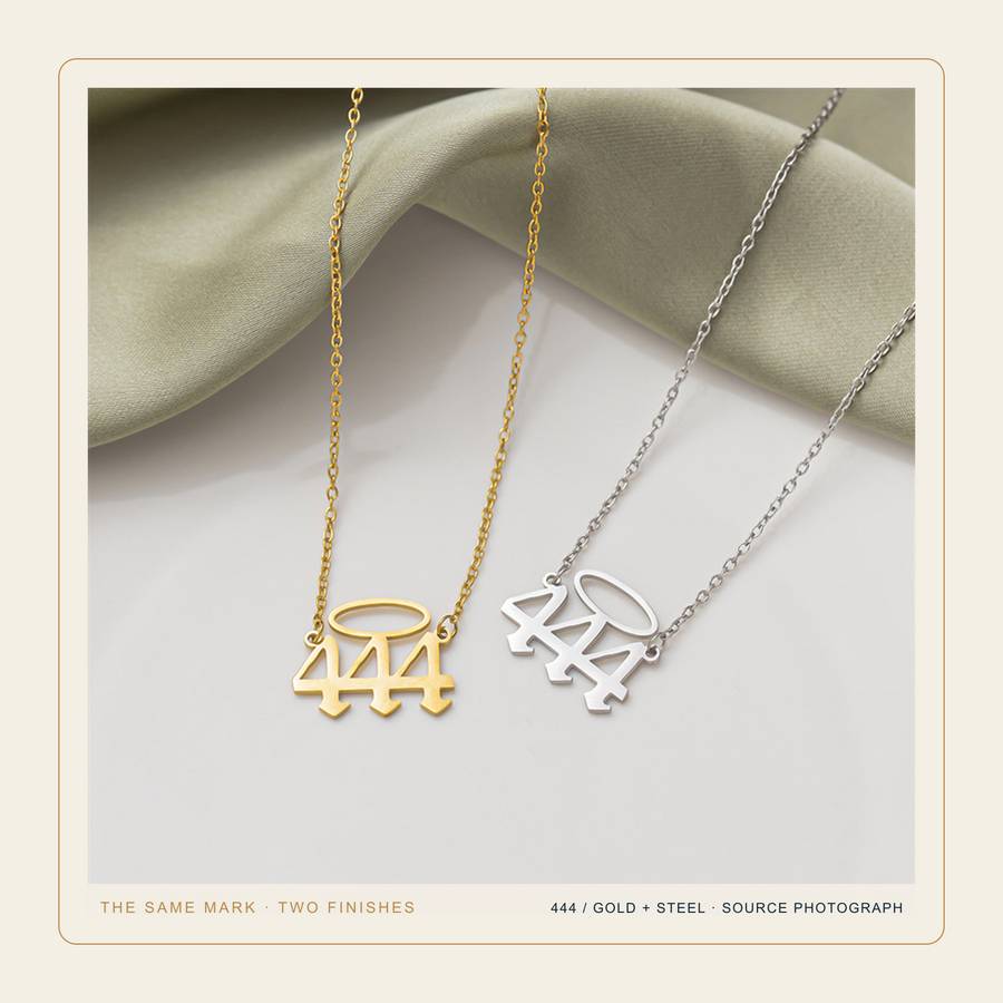 Gold and Steel 444 Halo Number necklaces in a true side-by-side source photograph