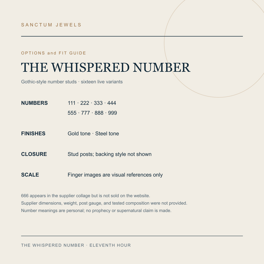 The Whispered Number options and fit guide in English