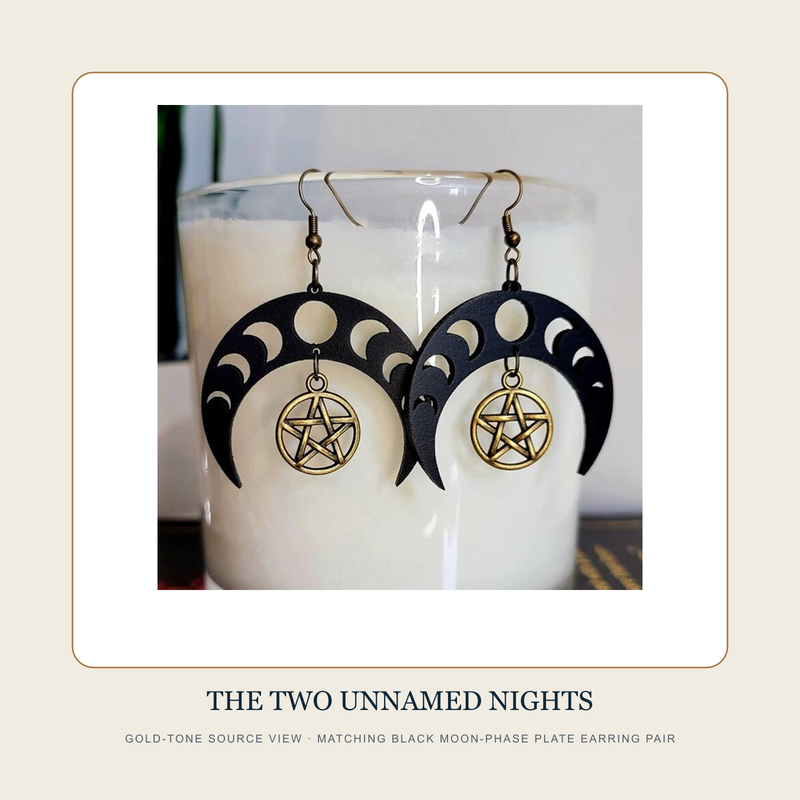 Gold-tone source view of The Two Unnamed Nights black moon-phase plate drop earring pair