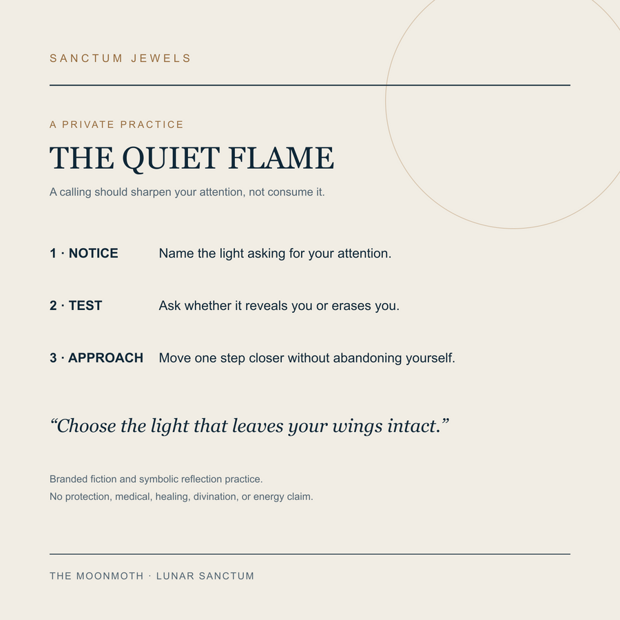 The Moonmoth Quiet Flame symbolic reflection card in English