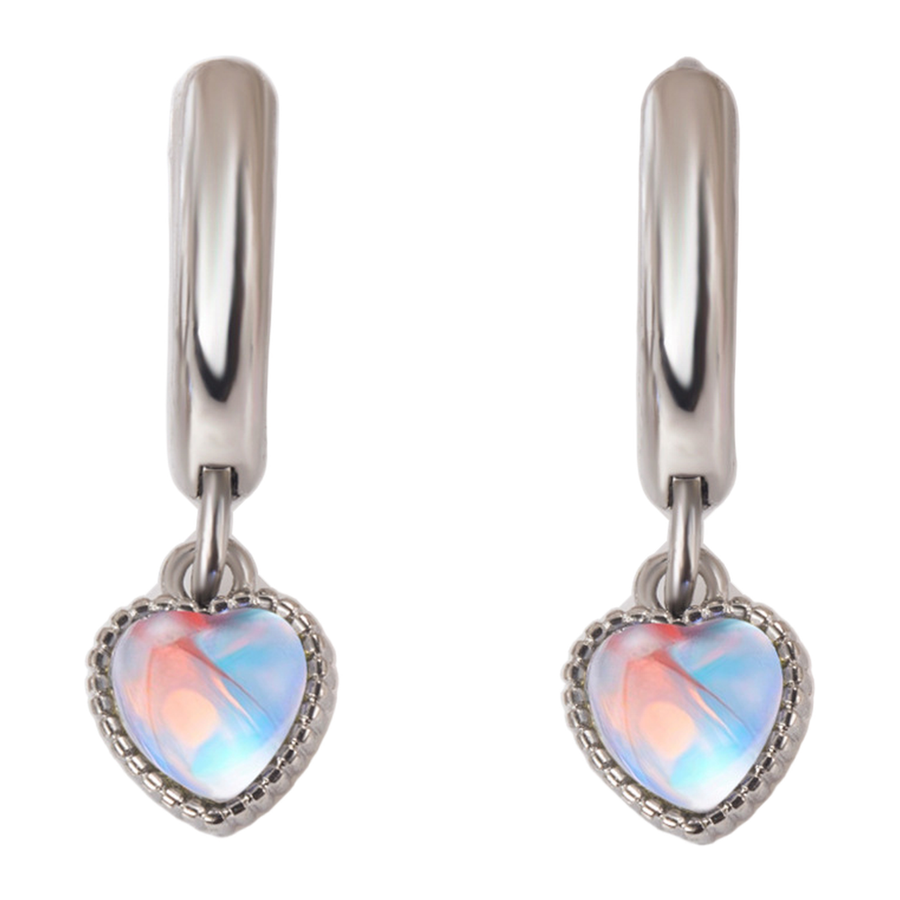 Front view of the matching Moonheart rainbow-sheen heart hoop earring pair