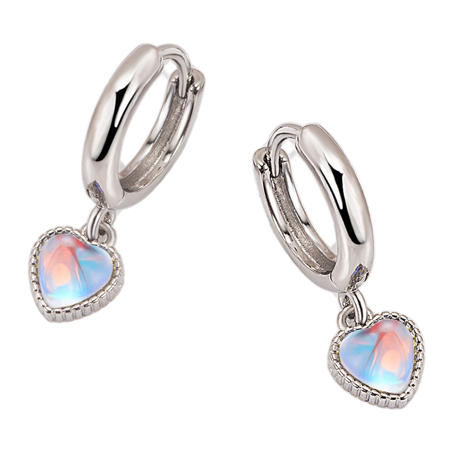 Angled view showing The Moonheart hinged hoop closures and movable heart charms