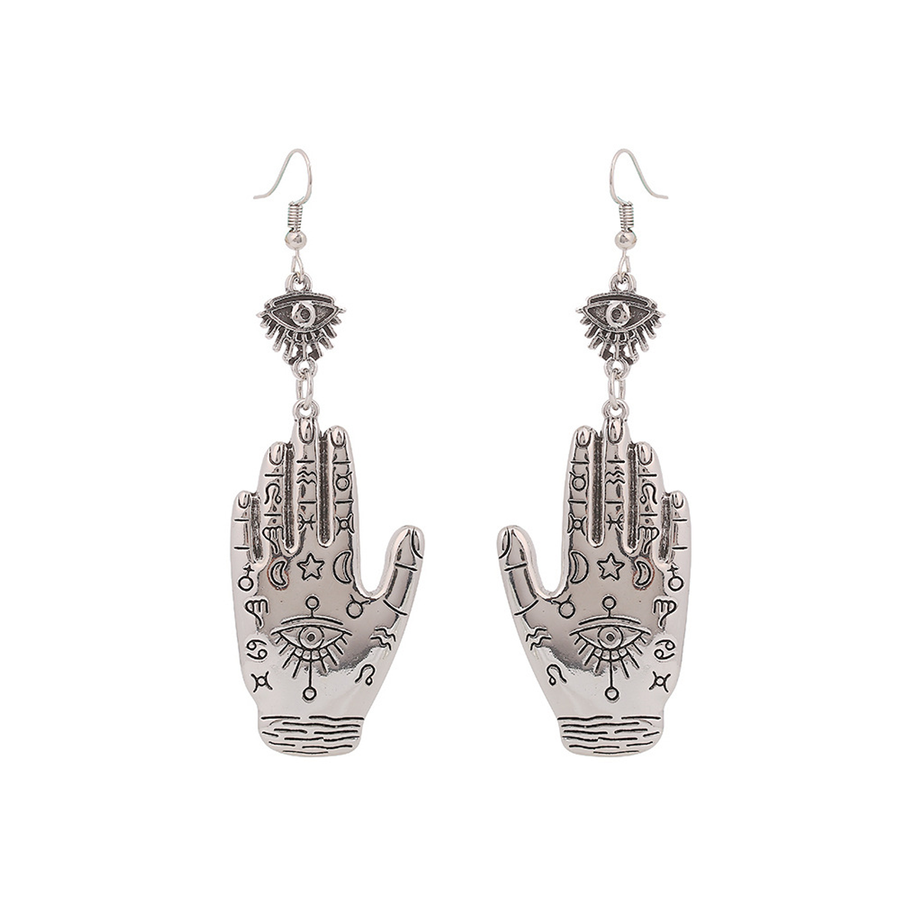 Matching pair of The Twin Wards antique-silver palm-and-eye drop earrings
