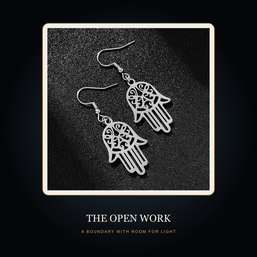 The Guarding Palm earrings in the fictional Open Work story scene