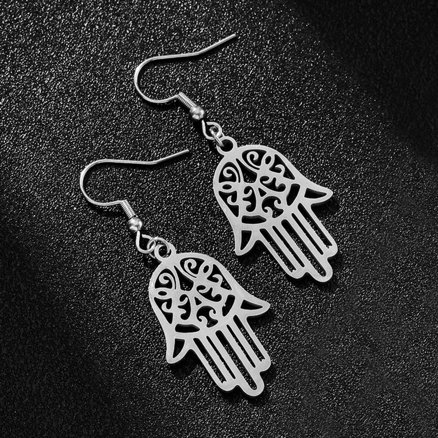 Matching pair of The Guarding Palm steel-tone openwork earrings