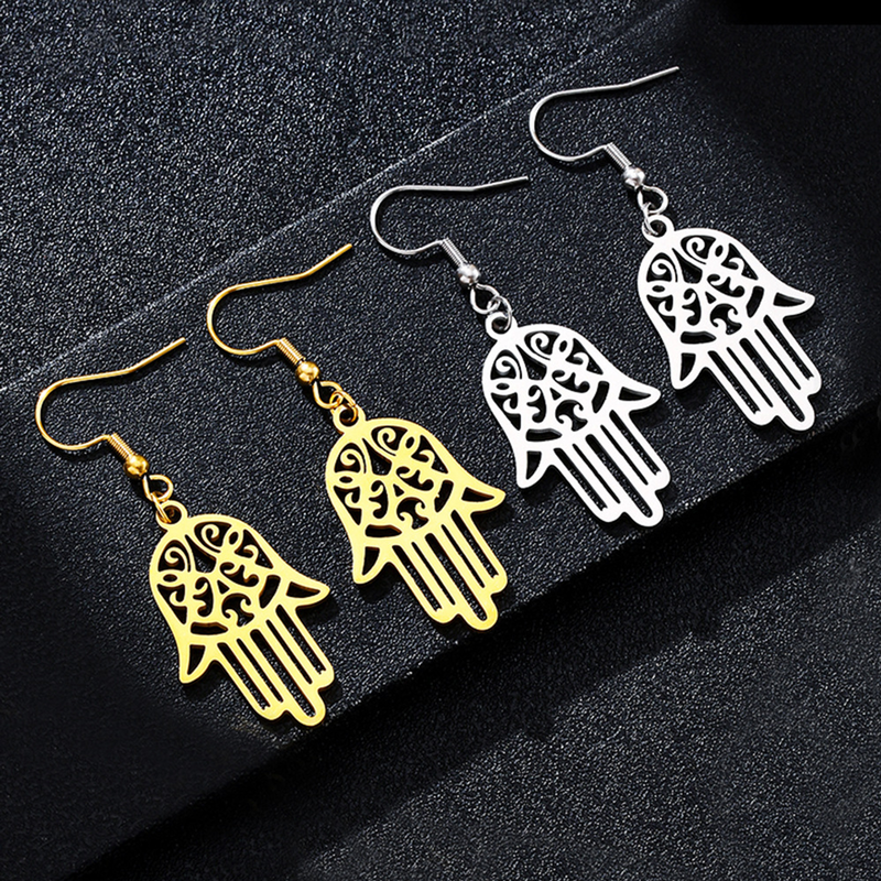 Steel-tone and gold-tone pairs of The Guarding Palm openwork drop earrings
