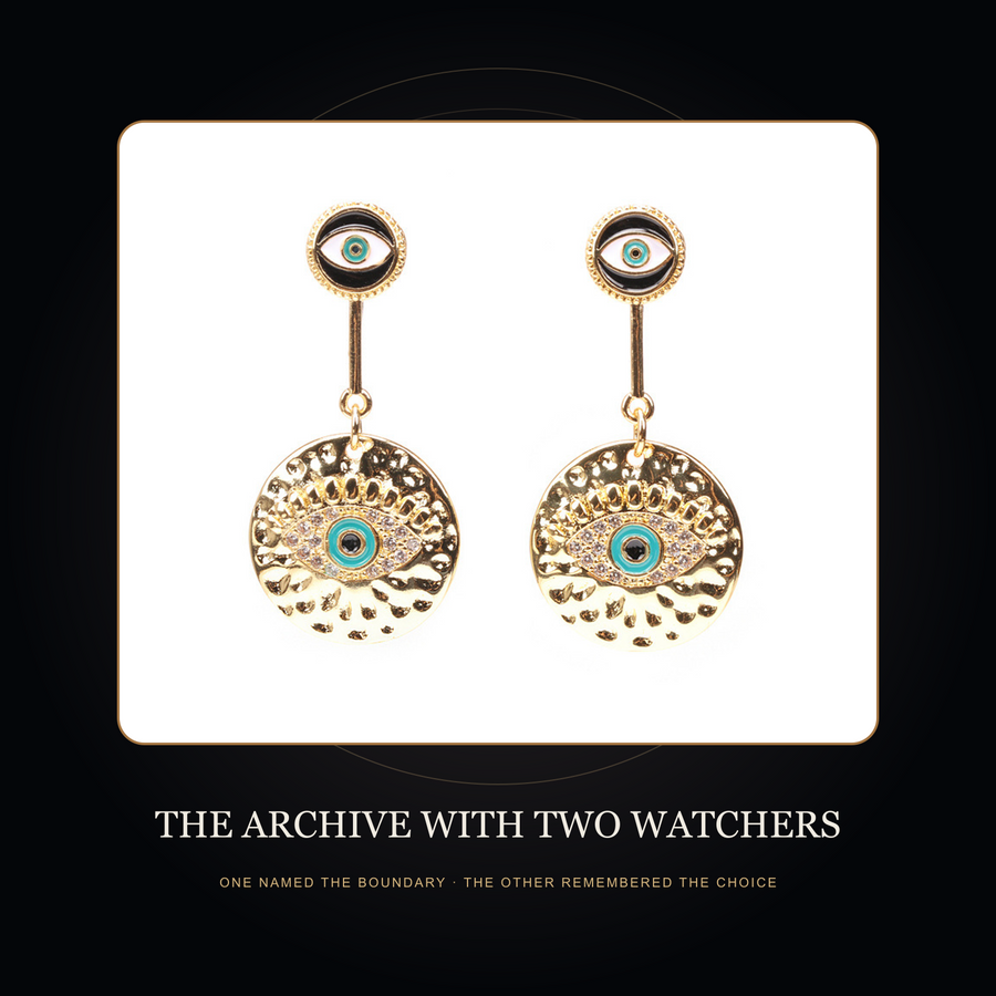The Twin Witness earrings in the fictional Archive with Two Watchers scene